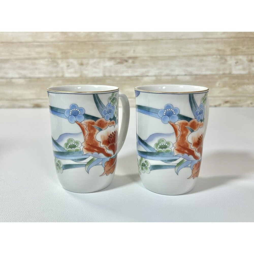 Pair of FLORA Takahashi San Francisco Hand Decorated Japan Floral Tea Mug Cups